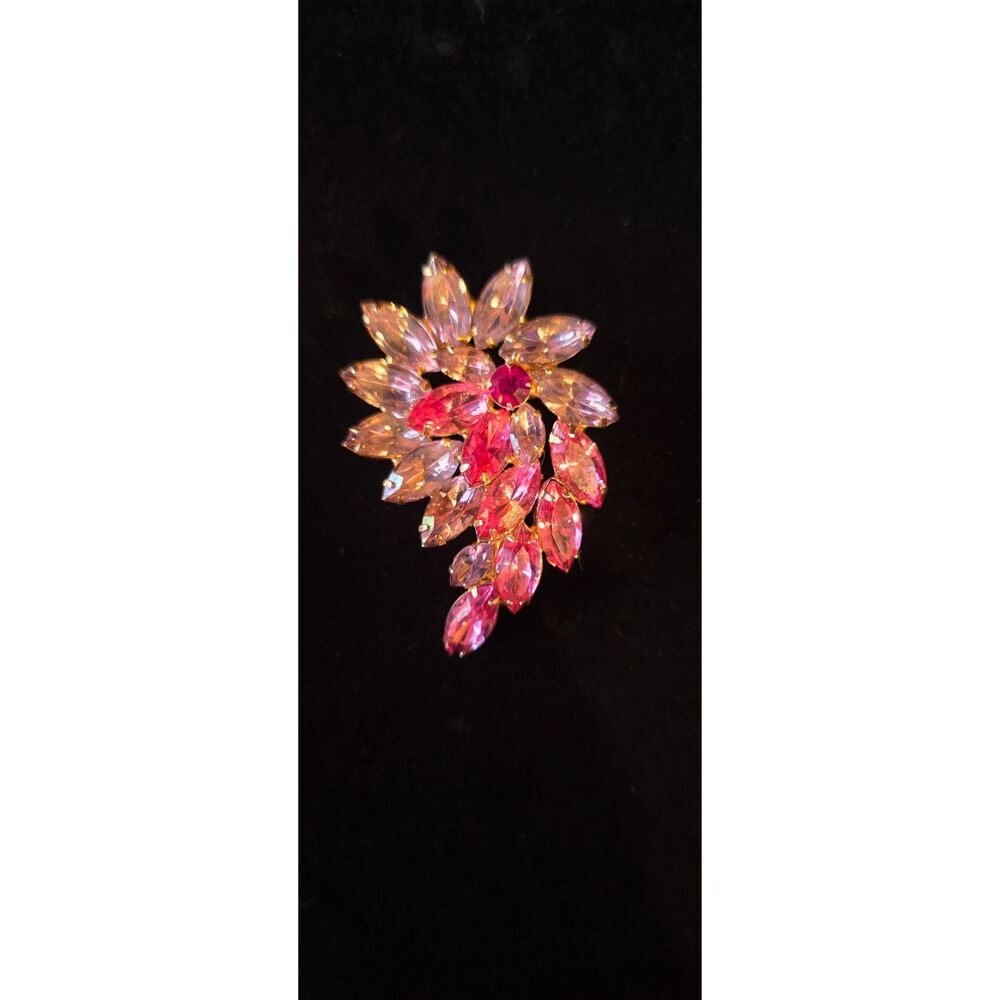 Vintage Juliana D&E Pink Rhinestone Brooch, 1960s Floral Spray Navette, Verified